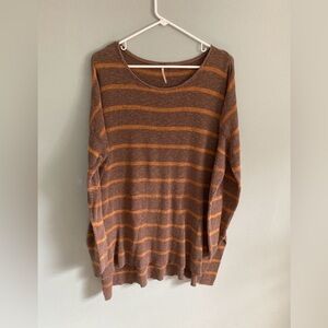 Free People Brown and Orange Striped Cotton Blend Long Sleeve Tunic Sweater Lg